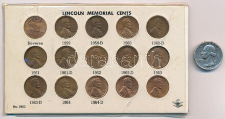 Amerika Egyesült Államok 1936. 25c Ag 'Washington' + 1959-1966. 1c bronz 'Lincoln' (15db/14xklf) '9902' sorszámú 'Lincoln Memorial Cents' kartonlapon T:1-,2 USA 1936. 25 Cents Ag 'Washington' + 1959-1966. 1 Cent bronze 'Lincoln'