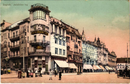 Zagreb, Agram, Zágráb; Jelacicev trg / square, shops, bank (EK)
