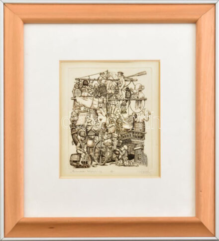 Vén Zoltán (1941- ): Bolondok hajója. Rézmetszet, papír, jelzett, számozott (2/10), üvegezett fakeretben, 13×11 cm