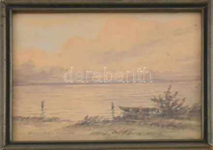 Barabás Reismann Gizella (1893-1985): Balaton, akvarell, papír, üvegezett keretben, 9×12 cm