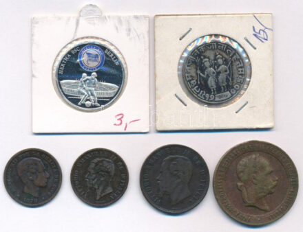 6db-os vegyes érme- és éremtétel, közte 'Hertha Berlin' kétoldalas, részben multicolor Cu-Ni-Zn emlékérem + Olaszország 1866M 10c bronz 'II. Viktor Emánuel' + 1873. 'Hadiérem' bronz katonai érdemérem fül és mellszalag nélkül