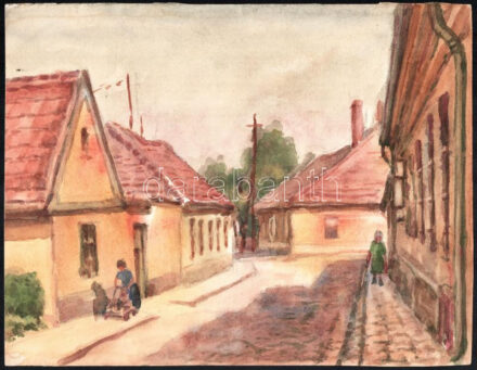 Sostarics Lajos (1896-1968): Szentendrei utca sétálókkal, akvarell, papír, jelzés nélkül, 23×29,5 cm