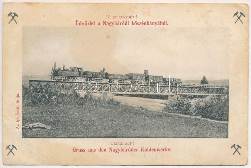 1911 Nagybáród, Borod; Jó szerencsét! Üdvözlet a nagybáródi kőszénbányából. Az iparvasút hídja, gőzmozdony, vonat / Glück auf! Gruss aus den Nagybáróder Kohlenwerke / coal mine, industrial railway's bridge, locomotive, train (EB)