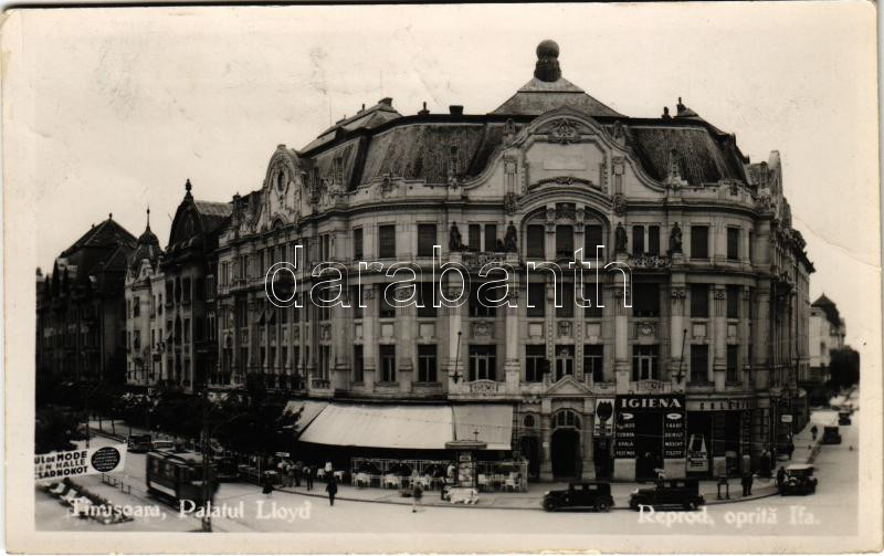 1936 Temesvár, Timisoara; Palatul Lloyd / Lloyd palota, villamos, automobilok, üzletek / palace, tram, automobiles, shops (EK)