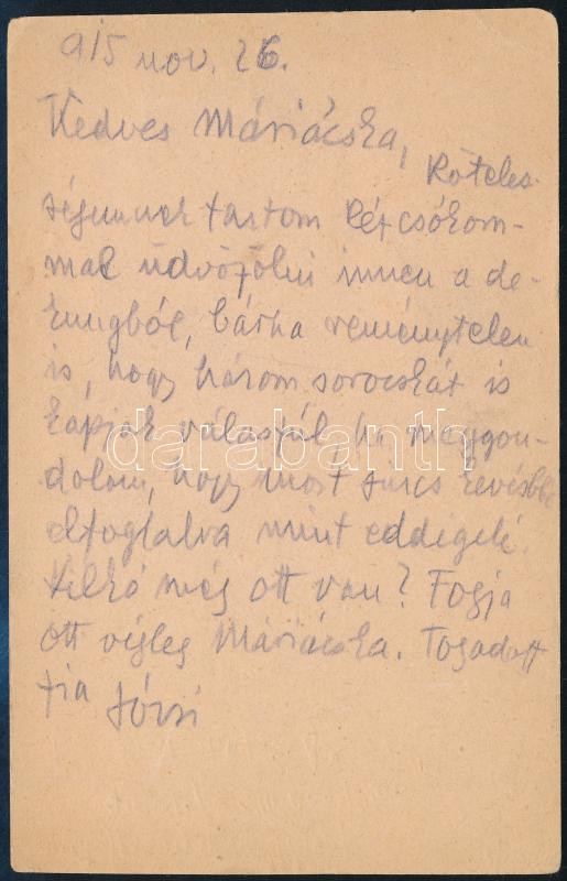 1915 Tersánszky Józsi Jenő író (1880-1969) saját kézzel írt tábori posta levelezőlapja az első világháborús katonai szolgálata idejéből Fémes Beck Vilmosné részére