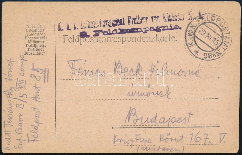 1915 Tersánszky Józsi Jenő író (1880-1969) saját kézzel írt tábori posta levelezőlapja az első világháborús katonai szolgálata idejéből Fémes Beck Vilmosné részére - Image 2