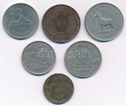 Vegyes 6db-os érme tétel, közte Brazília 1869. 20R bronz + Guinea 1969. 50P Cu-Ni + Közép-Afrikai Államok / Kongó 1963. 50Fr Cu-Ni + Mozambik 1980. 20M Cu-Ni + Oszmán Birodalom 1861. 20p bronz + Rodézia 1964. 2 1/2sh (25c) Cu-Ni T:2,2-