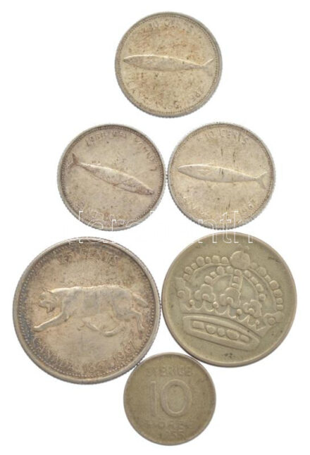 Svédország 1953. 50ö Ag + 1955. 10ö Ag + Kanada 1967. 10c Ag (3x) + 1967. 25c T:2- Sweden 1953. 50 Öre Ag + 1955. 10 Öre Ag + Canada 1967. 10 Cents Ag (3x) + 1967. 25 Cents C:VF