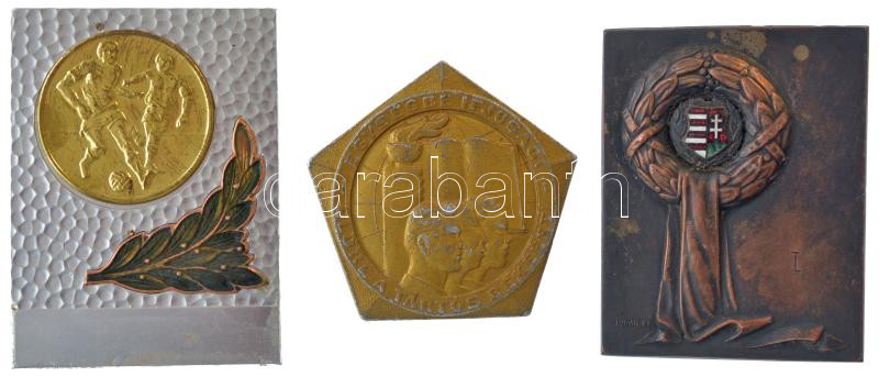 6 darabos magyar bronz és fém emlékérem, emlékplakett és díjplakett tétel, közte Peternák Gusztáv (1928-) 1975. 'Komárom megyei Vasas Sportnap / Hazánk 30 éve szabad 1945-1975' kétoldalas bronz emlékérem (60mm) T:1-,2 közte patina - Image 3