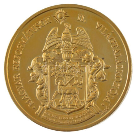 Lebó Ferenc (1960-) 1991. 'Magyar Reformátusok II. Világtalálkozója' aranyozott fém emlékérem eredeti tokban (65mm) T:1- (PP) folt