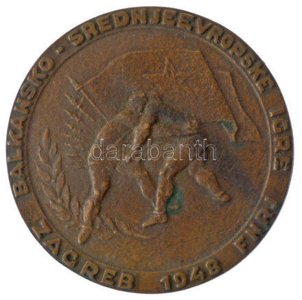 Jugoszlávia 1948. 'Balkáni Közép-Európai Játékok' egyoldalas bronz emlékérem (130mm) T:1- patina Yugoslavia 1948. 'Balkan Central European Games' one-sided bronze commemorative medallion (130mm) C:AU patina