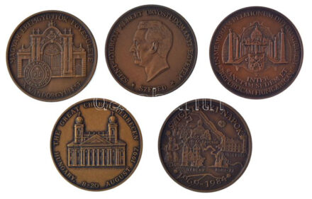 5 darabos bronz emlékérem tétel, közte Garamkeszi János (1936-) 1985. '10 éves a MÉE Mosonmagyaróvári Csoportja / Szigetközi Napok' kétoldalas bronz emlékérem (42,5mm) T:1-