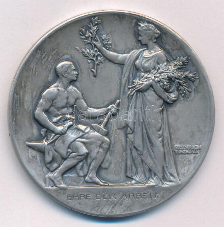 Németország DN 'Ehre der Arbeit' kétoldalas, peremen jelzett Ag emlékérem, 'Carl Poellath - Schrobenhausen' gyártói jellel. Szign.: Heinrich Wadere (51,02g/0,990/50mm) T:1- patina Germany ND 'Ehre der Arbeit' two-sided, hallmarked Ag