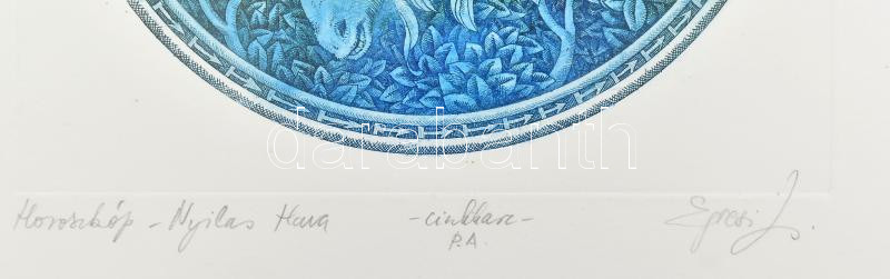 Egresi Zsuzsa (1954-): Horoszkóp: Nyilas hava. Színes rézkarc, papír. Jelzett. Művészpéldány P.A. jelzéssel. Üvegezett fakeretben, 16x16 cm. - Image 2