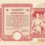 Budapest 1955. 'Hatodik Békekölcsön' nyereménykötvénye 100Ft értékben, szárazpecséttel '44 73372' T:II gemkapocs nyoma, kis szakadás