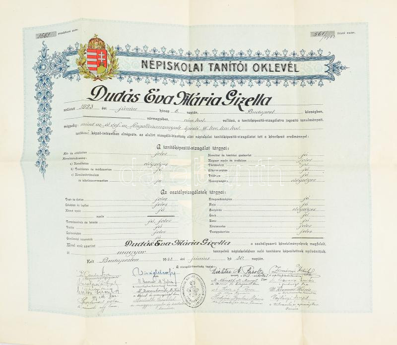 1942 Bp., népiskolai tanítói oklevél, Angolkisasszonyok Kir. Kat. Tanítóképző Intézete, sok aláírással (Dr. Csada Imre kormányképviselő, stb.), hajtott, 49x41 cm