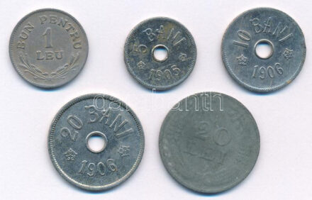 Románia 1905. 5b Cu-Ni + 1906. 10b Cu-Ni +1906. 20b Cu-Ni + 1924. 1L Cu-Ni + 1943. 20L T:2,2- Romania 1905. 5 Bani Cu-Ni + 1906. 10 Bani Cu-Ni +1906. 20 Bani Cu-Ni + 1924. 1 Leu Cu-Ni + 1943. 20 Lei T:2,2-