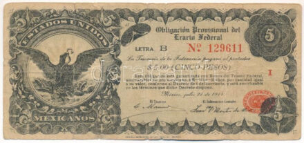 Mexikó / Ideiglenes kormány 1914. 5P 'Ideiglenes Szövetségi Kölcsönkötvény' T:III ly., szakadás Mexico / Gobernio Provisional de Mexico 1914. 5 Pesos 'Temporary federal loan bond' C:F hole, torn Krause S714