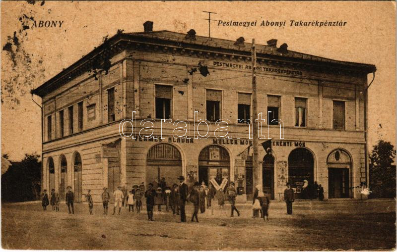 Abony, Pestmegyei takarékpénztár, Abádszalók, községháza, takarékpénztár, Vermes Aladár, Müller Mór és Perényi Mór üzlete. Batta Sándor kiadása (Rb)