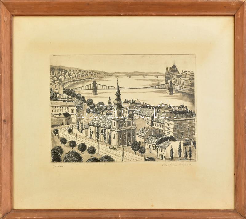 Ábrahám Rafael (1929-): Tabán. Rézkarc, papír, jelzett. Üvegezett fakeretben. 21x29,5 cm.