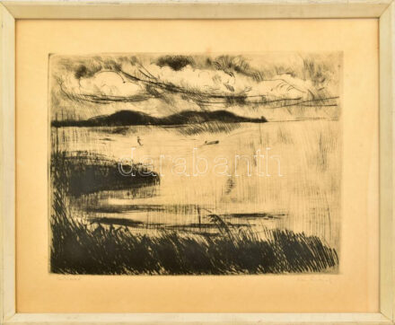 Iván Szilárd (1912-1988): Vízisíző (Balaton). Rézkarc, papír, jelzett, üvegezett fakeretben, 29×39 cm.