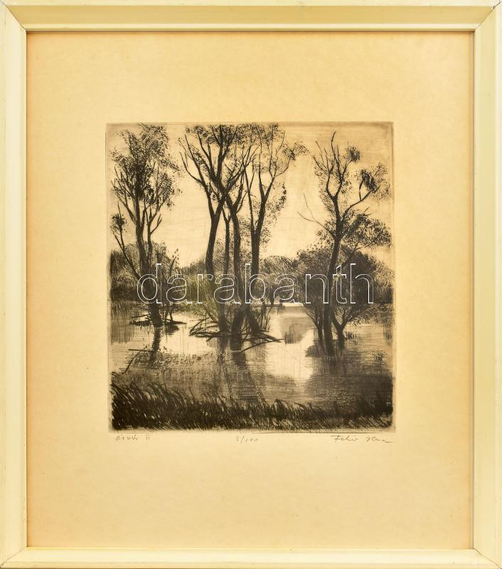 Fehér Ilona (1913-1983): Árvíz II. Rézkarc, papír, jelzett, számozott (3/100), üvegezett keretben, 29×34,5 cm