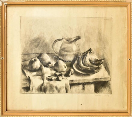 Kórusz József (1927-2010): Csendélet. Rézkarc, papír, jelzett. Dekoratív, üvegezett, sérült fakeretben, 30×38,5 cm