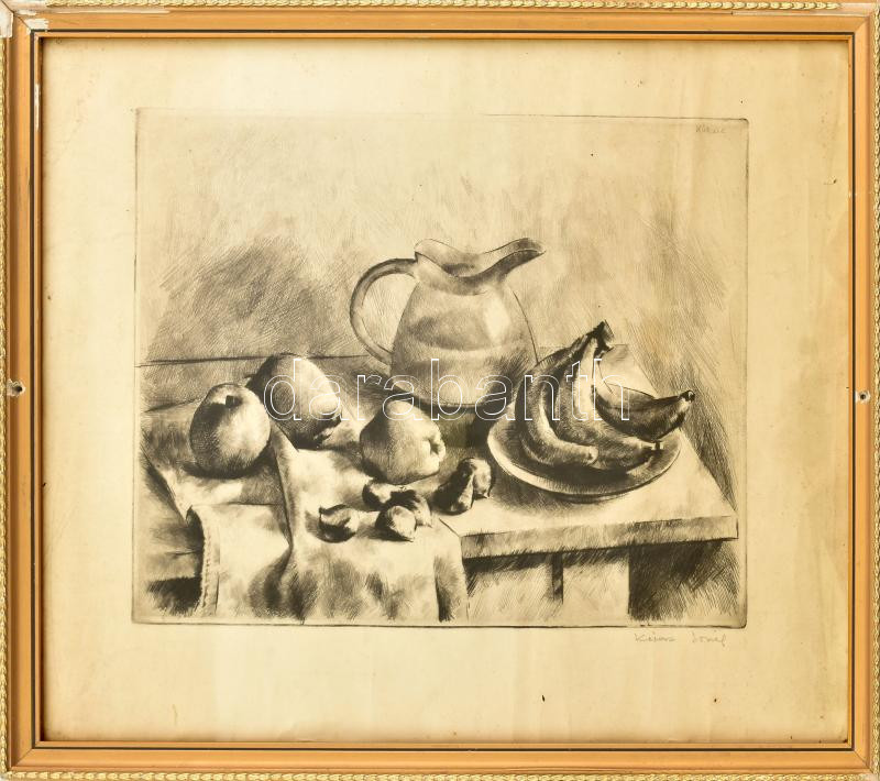 Kórusz József (1927-2010): Csendélet. Rézkarc, papír, jelzett. Dekoratív, üvegezett, sérült fakeretben, 30×38,5 cm