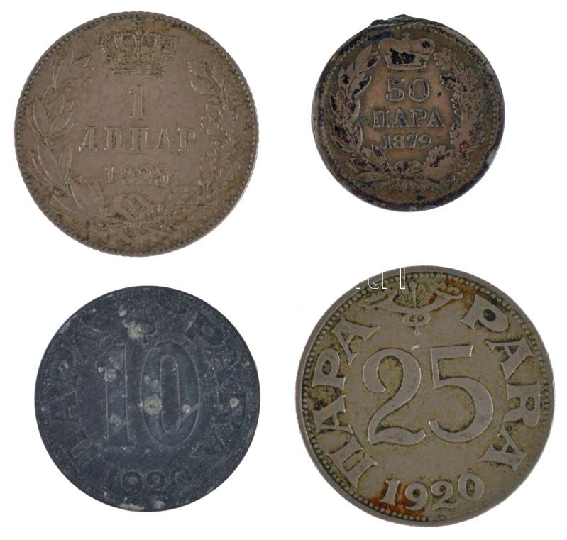 Szerbia 1879. 50p Ag 'IV. Obrenovics Milán' + Szerb-Horvát-Szlovén Királyság 1920. 10p Zn + 25p Cu-Ni + 1925. 1D Cu-Ni 'I. Sándor' T:2-3- Serbia 1879. 50 Para Ag 'Milan Obrenović IV' + Kingdom of the Serbs, Croats and Slovenes 1920. 10 Para - Image 2