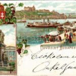 1898 (Vorläufer) Budapest, Deák szobor, Lánchíd, Királyi vár, rakpart, magyar címer. Art Nouveau, floral, litho (Rb)