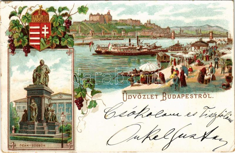 1898 (Vorläufer) Budapest, Deák szobor, Lánchíd, Királyi vár, rakpart, magyar címer. Art Nouveau, floral, litho (Rb)