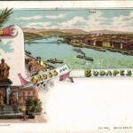 Budapest, Deák szobor, Pest látképe, Lánchíd, címer. Schneider & Lux Art Nouveau, floral, litho (EK)