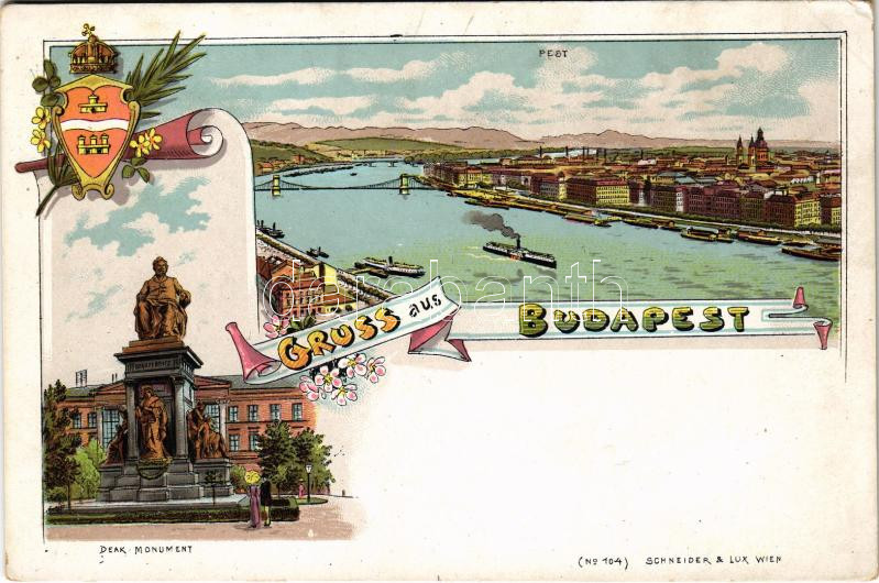 Budapest, Deák szobor, Pest látképe, Lánchíd, címer. Schneider & Lux Art Nouveau, floral, litho (EK)