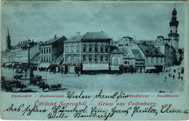 1900 Sopron, Várkerület, Várostorony, Varga és Dukasz üzlete, piac. Kummert N. Lajos kiadása (EB)