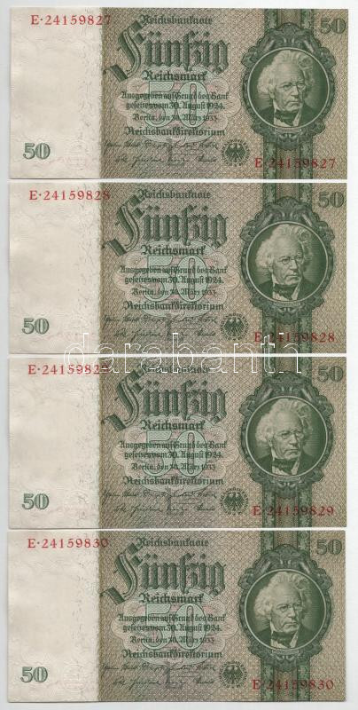 Német Harmadik Birodalom 1933. 50M (4x) 'E 24159827 - E 24159830' T:I,I- German Third Reich 1933. 50 Mark (4x) sequential serials 'E 24159827 - E 24159830' C:UNC,AU Krause 182.a
