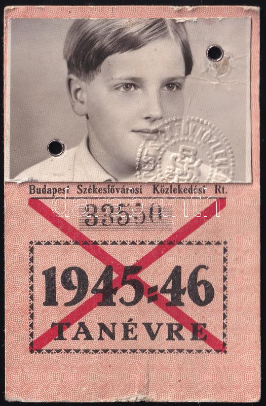 1945-46 Sárdy Lóránt (1931-2014) későbbi restaurátor fényképes BSZKRT igazolvány tanuló hetijegy váltására, kissé sérült