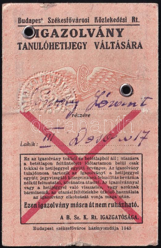 1945-46 Sárdy Lóránt (1931-2014) későbbi restaurátor fényképes BSZKRT igazolvány tanuló hetijegy váltására, kissé sérült - Image 2