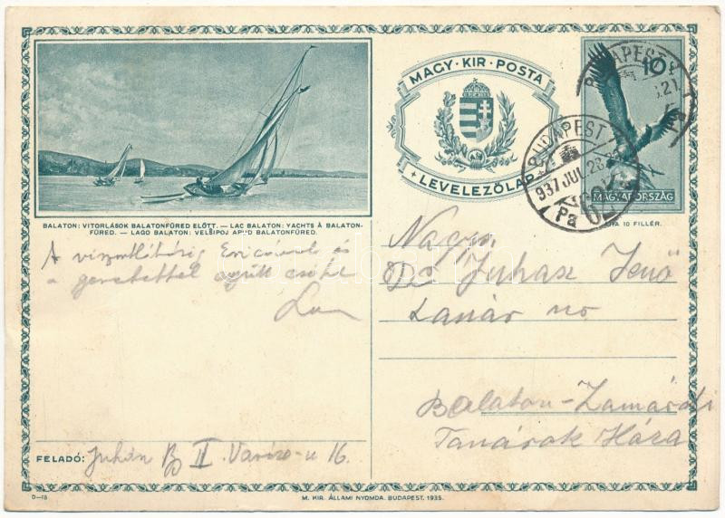 1937 Balaton, vitorlások Balatonfüred előtt. Magy. Kir. Posta Levelezőlap (fa)