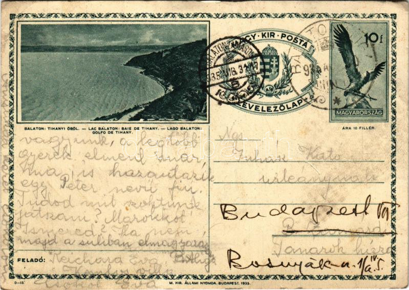 1935 Balaton, Tihanyi öböl. Magy. Kir. Posta Levelezőlap (fl)