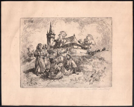 Olvashatatlan jelzéssel: Erdélyi templom menyecskékkel, XX. sz. első fele. Rézkarc, papír. 16x21 cm