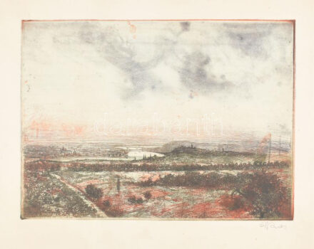 Ősz Dénes (1915-1980): Budapesti látkép. Színes rézkarc, papír, jelzett. Kartonra kasírozva. 28×38,5 cm