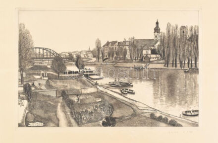 Gaál Domonkos (1940-2009): Győr. Rézkarc, papír, jelzett, kartonra kasírozva, 27×40cm