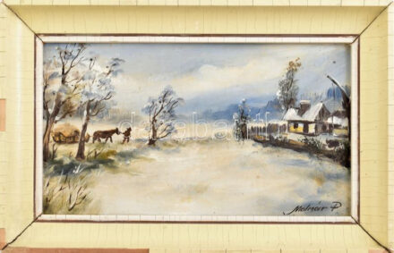 Molnár P jelzéssel: Téli táj lovasszánnal. Olaj, karton. Sérült fakeretben. 21,5x38 cm