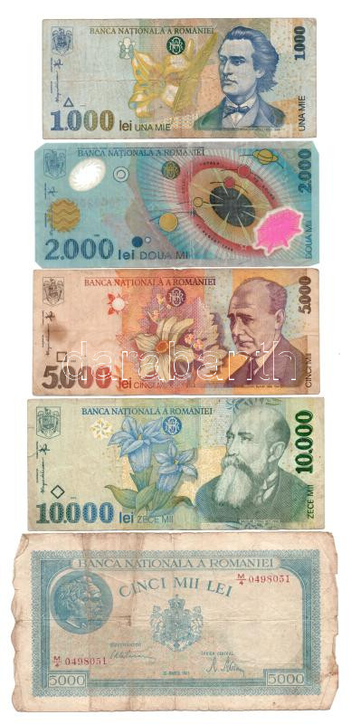 Románia 1941. 2000L + 1945. 5000L + 1946. 100.000L + 1966. 100L + 1992. 500L + 1993. 1000L + 1998-1999. 1000L-10.000L (4xklf) T:III,III- Romania 1941. 2000 Lei + 1945. 5000 Lei + 1946. 100.000 Lei + 1966. 100 Lei + 1992. 500 Lei + 1993. 1000 Lei