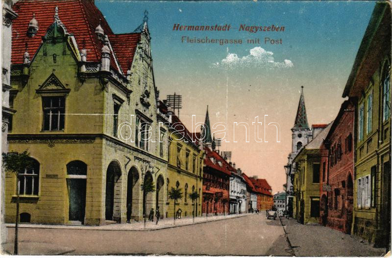 Nagyszeben, Hermannstadt, Sibiu; Fleischergasse mit Post / Mészáros utca, Posta. Emil Fischer kiadása / street view, post office (EK)