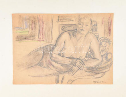 Frank jelzéssel: Könyöklő akt, Ceruza,. papír, Kartonon 30x42 cm