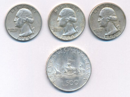 Vegyes: Amerikai Egyesült Államok 1964. 1/4$ Ag 'Washington' (3x) + Olaszország 1967. 500L Ag T:2 patina, ph. Mixed: USA 1964. 1/4 Dollar Ag 'Washington' (3x) + Italy 1967. 500 Lire Ag C:XF patina, edge error