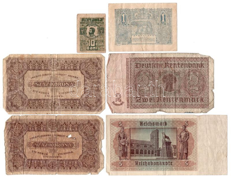 Vegyes: Románia 1915. 1L + 1917. 10b + Német Harmadik Birodalom 1937. 2M + 1942. 5M + Magyarország 1923. 100K (2xklf, egyik nyomdahely-megjelöléssel, másik nélküle) T:III-IV Mixed: Romania 1915. 1 Leu + 1917. 10 Bani + German Third Reich - Image 2