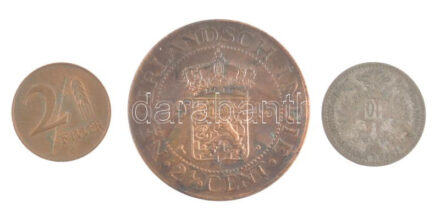 Vegyes: 1947. 2f tombak + Holland Kelet-India 1945P 2 1/2c sárgaréz + Ausztria 1868. 10kr Ag 'Ferenc József' T:1--3 Mixed: Hungary 2 Fillér tombac + Netherlands East Indies 1945P 2 1/2 Cents brass + Austria 1868. 10 Kreuzer Ag 'Franz Joseph'