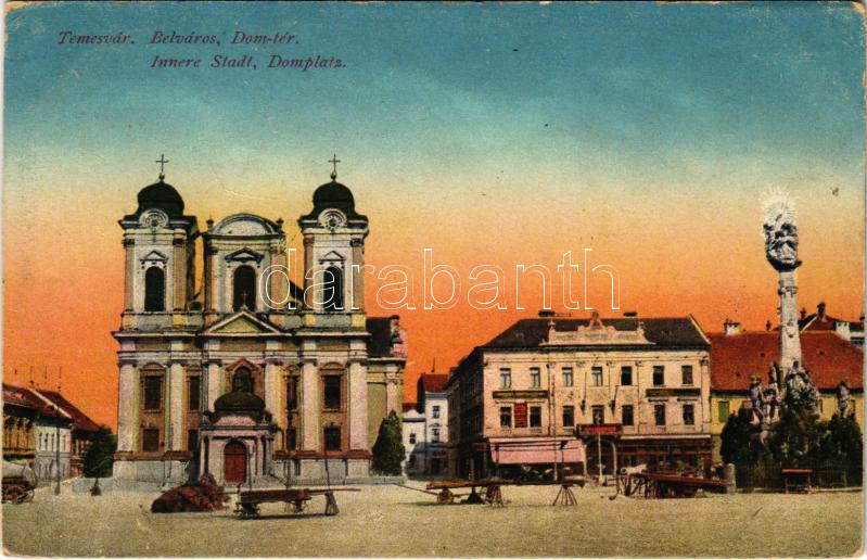 1919 Temesvár, Timisoara; Belváros, Dóm tér, piac / Innere Stadt, Domplatz / square, church, market (EK)